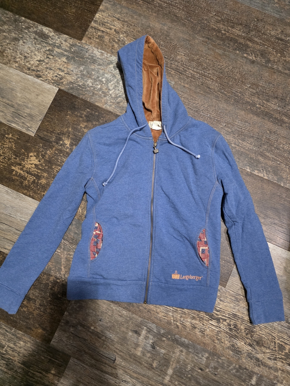 Longaberger Blue Hooded Zip Jacket with Brown Lining